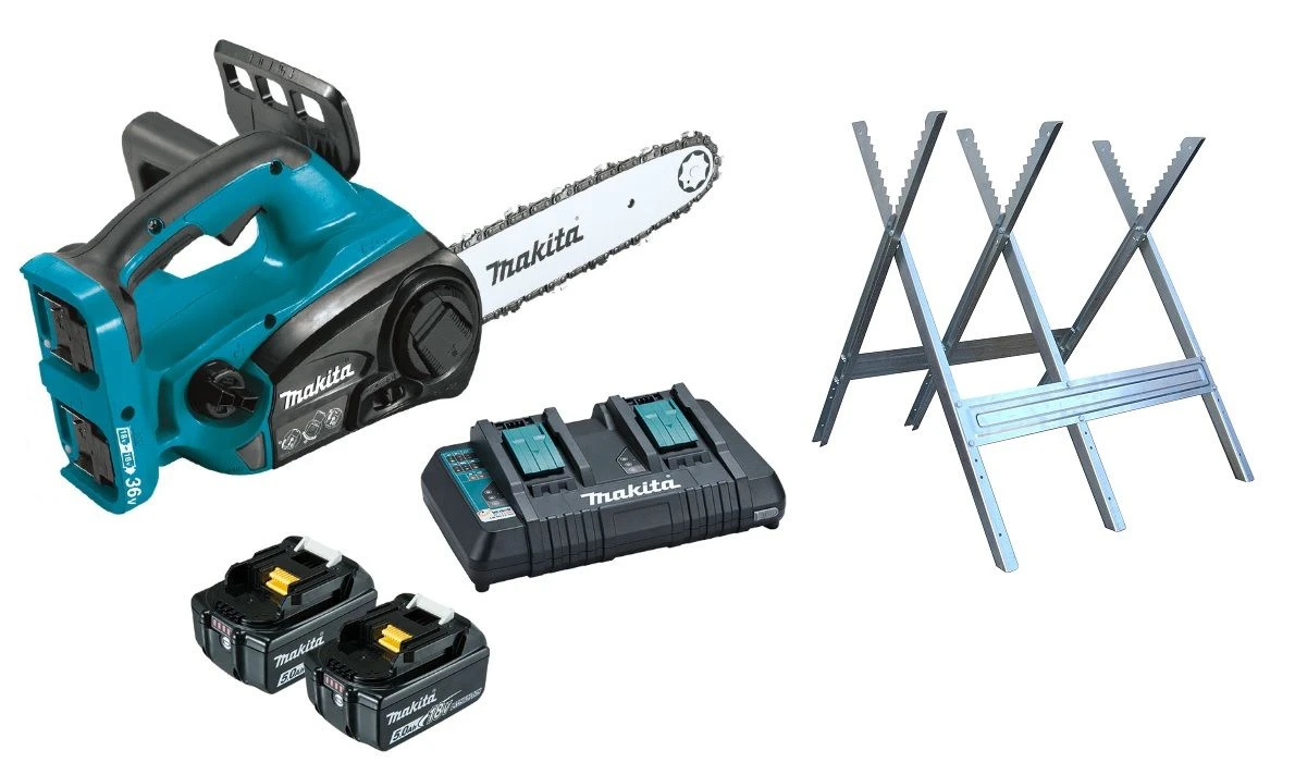 Makita DUC302SET 36V (2x 18V) Li-Ion Accu Kettingzaag Set (2x 5.0Ah Accu) + Zaagbok En Kettingzaagolie